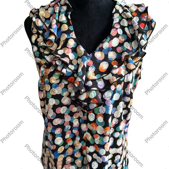 🧡3/$15 EUC CABI Multicolor Polka Dot Ruffle Blouse. Chest 18". L 25" - Picture 1 of 4
